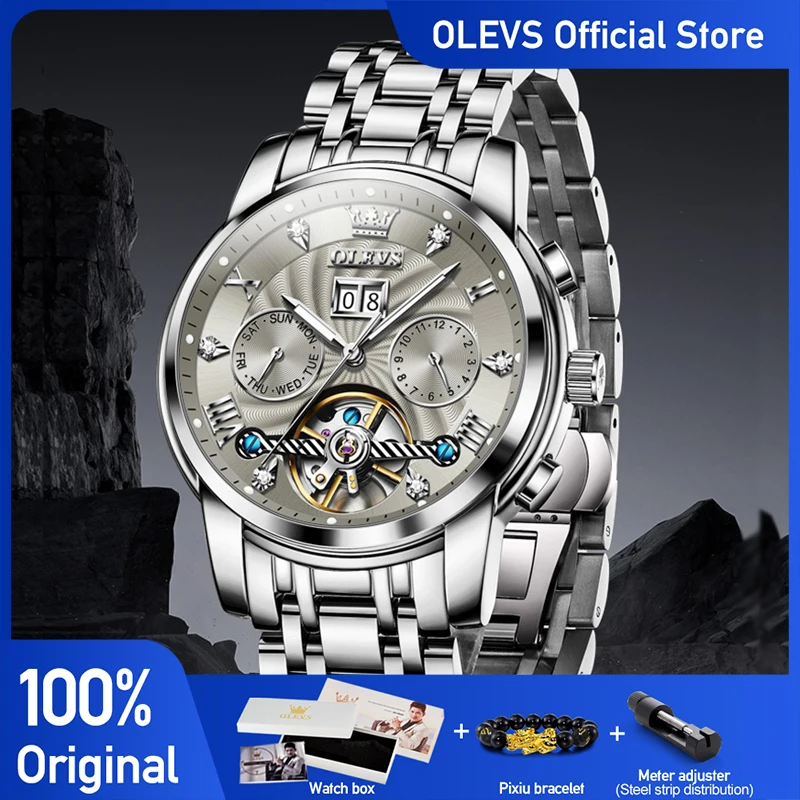 OLEVS 9910 New Color Original Mens Watch Skeleton Flywheel Automatic Mechanical Watch Waterproof Day Date Watches For Man Reloj