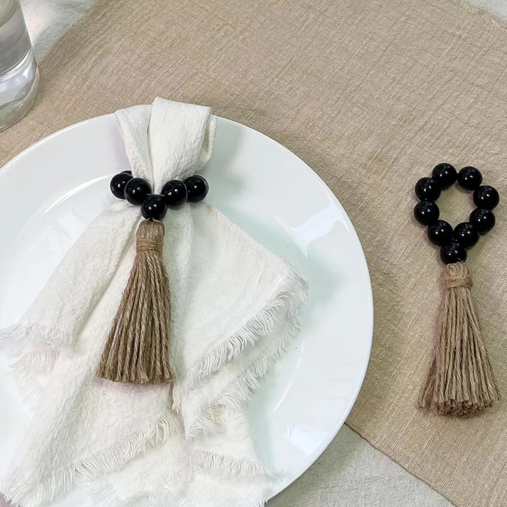 MLGB-Napkin Rings Set Of 12,Wooden Napkin Rings,Wood Bead Elastic Farmhouse Napkin Rings With Tassel,Boho Napkin Rings