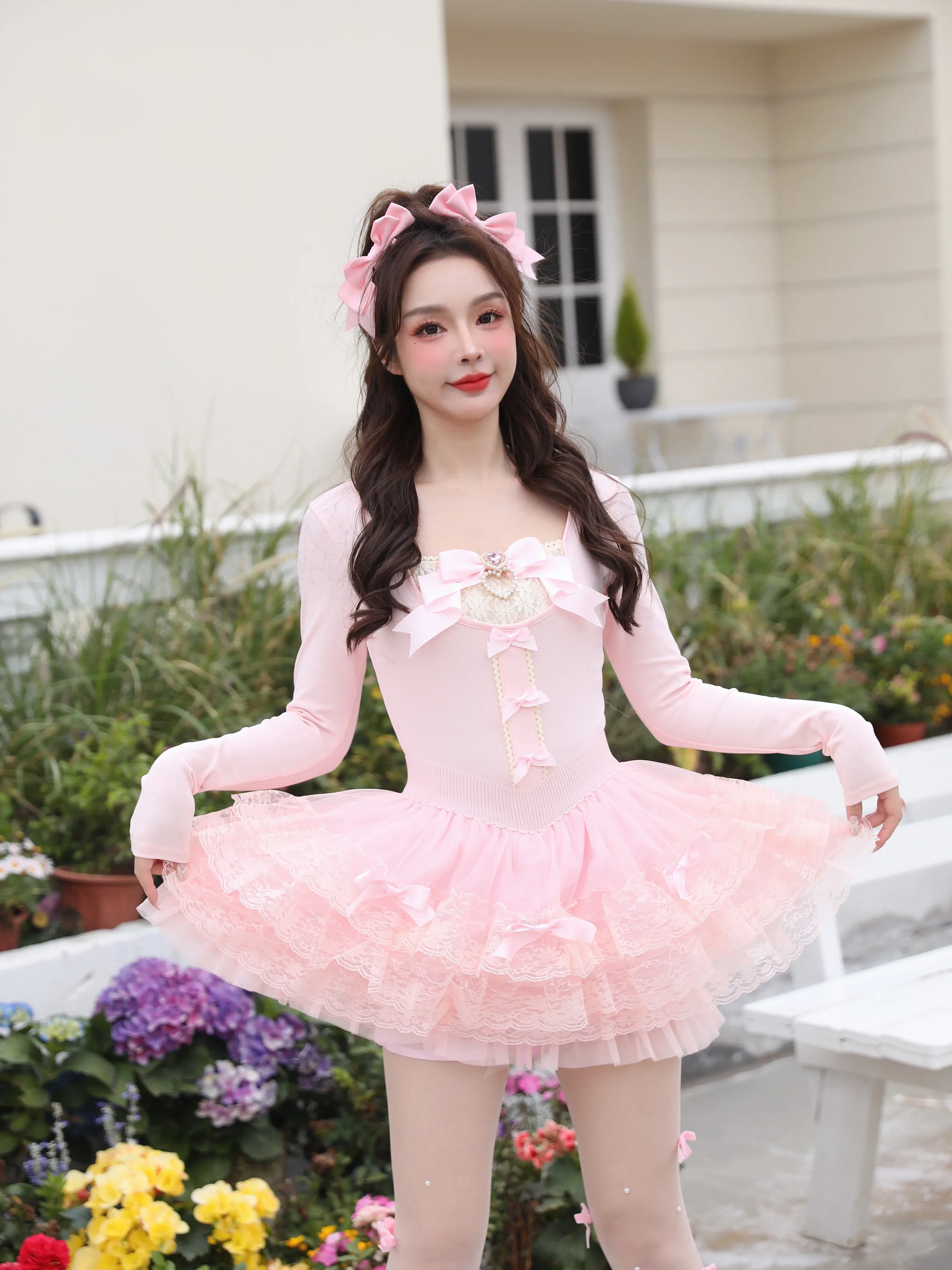 Elegant Ballet Princess Sweet Bow Pearl Diamond Lace Slim Crop Top Women Girls Spring New Long Seeve Lolita Pink T-shirt Tops