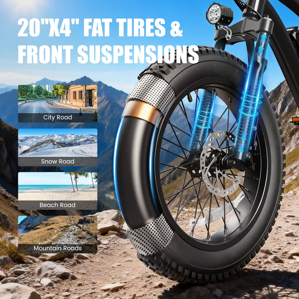 Hopepeak F10 Fat Tire Electric Bike for Adults, 20"×4.0" Fat Tire Electric Mountain Bike, Peak 1200W 48V 10.4Ah,  28MPH 55 Miles  Electric Bicycle, 7-Speed image 6