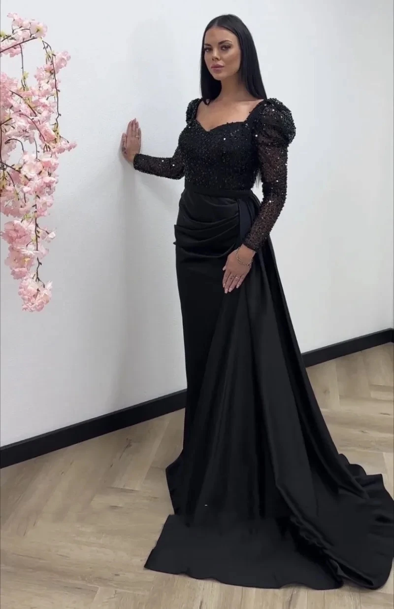 Romantic Black Satin Sweetheat Evening Dresses Glitter Long Sleeves Custom Made Mermaid Party Prom Gown Vestidos De Noche