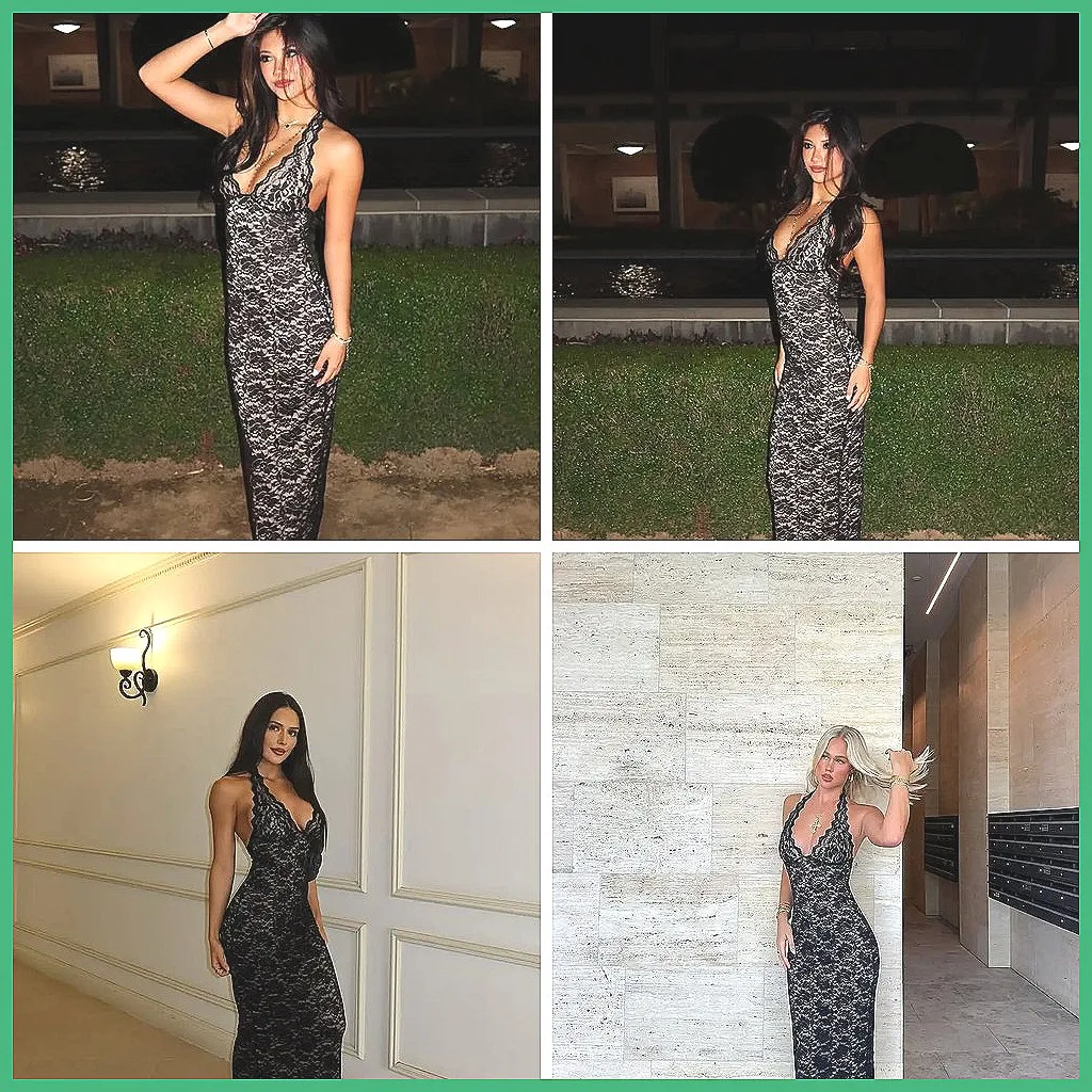 

Elegant Lace Halter Neck Backless Maxi Dress for Women, Chic Party Gown Sleeveless Waist Cinching