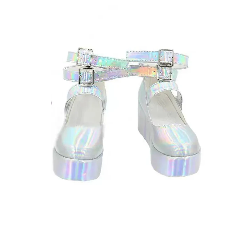 Anime NEEDY GIRL OVERDOSE Rain Ame Cosplay Shoes Women Silver PU Leather High Heels Boots Masquerade Carnival Costume