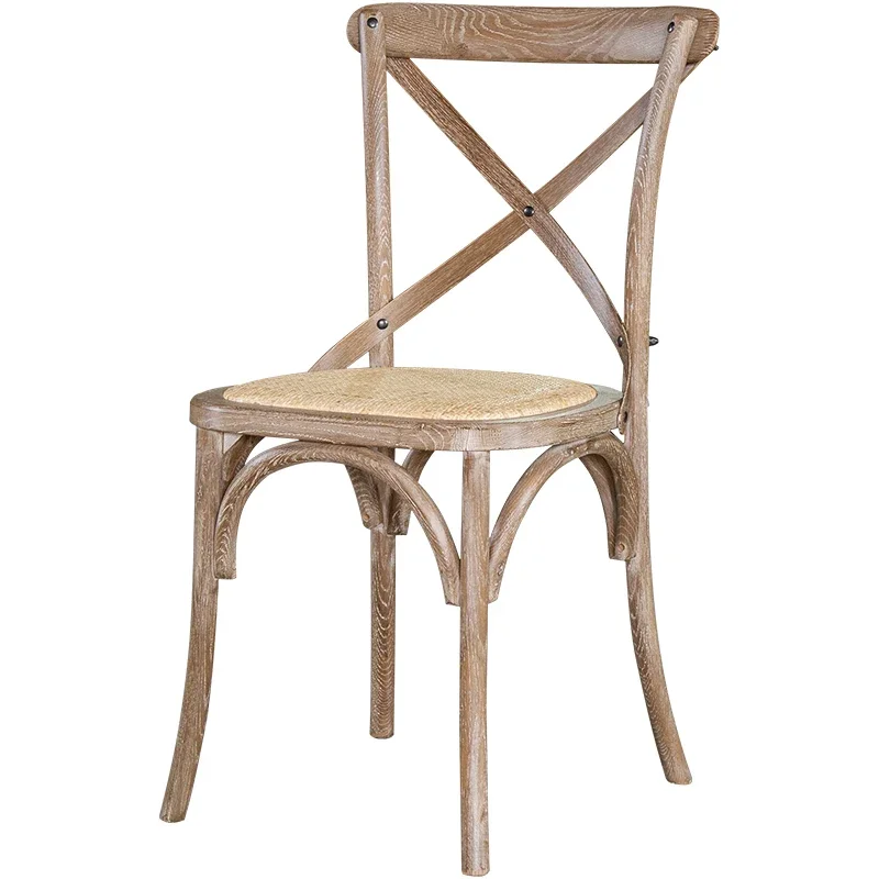 

American country solid wood retro dining chair home backrest wooden chair braided rattan casual fork back chair