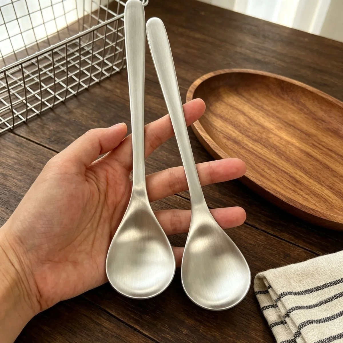 Matte Thickened 304 Stainless Steel Long Handle Soup Spoon Korean Table Spoon Household Restaurant Serving Spoon