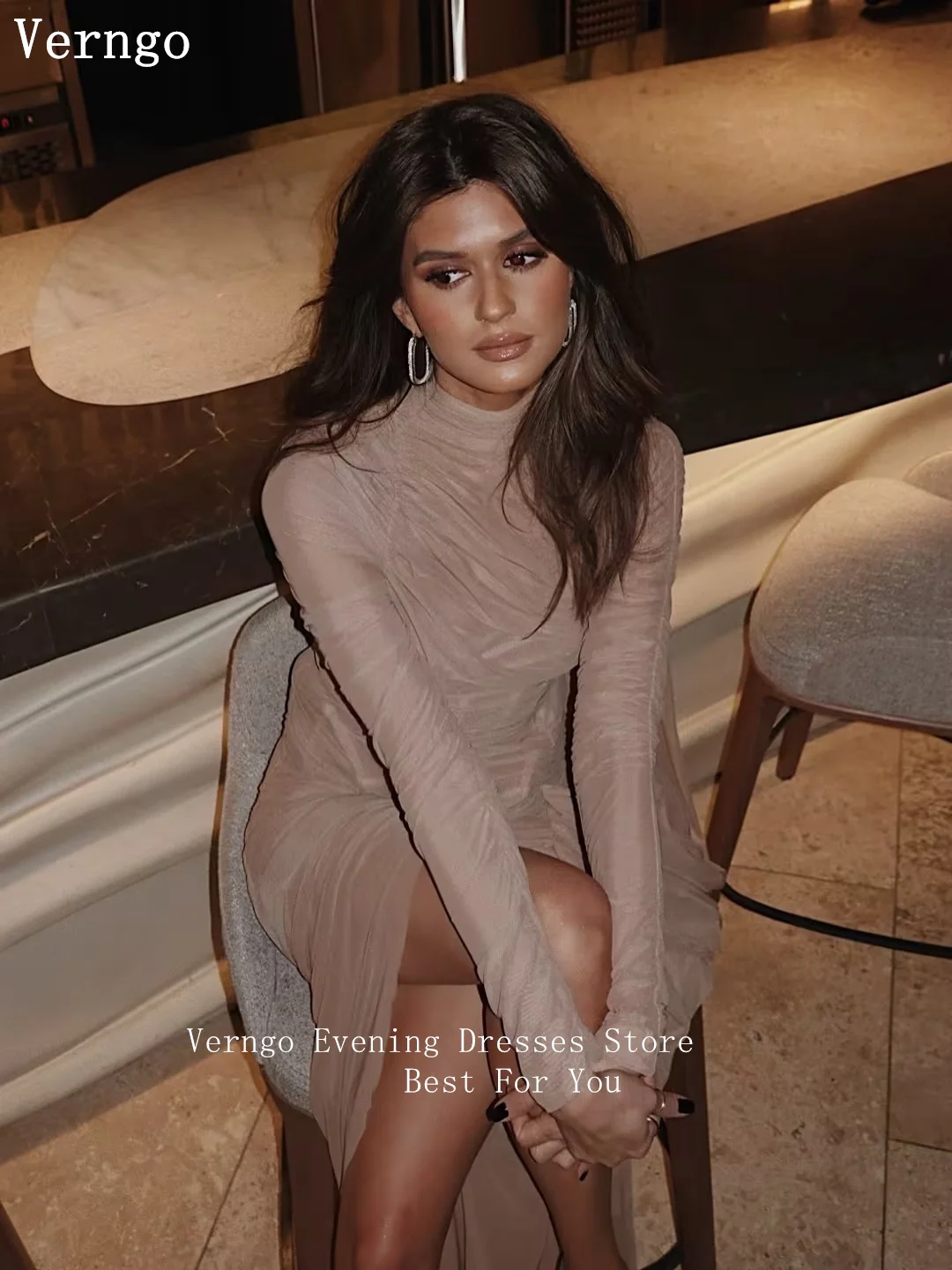 فستان سهرة شيفون بني من Verngo برقبة عالية وأكمام طويلة حورية البحر مناسبة رسمية فستان بفتحة جانبية فساتين حفلات مخصصة