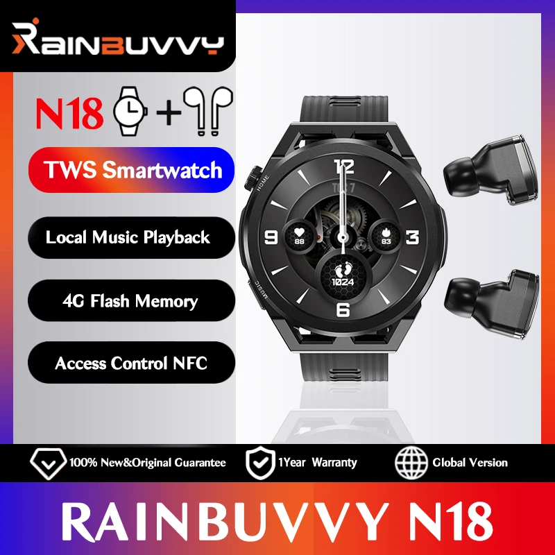 Rainbuvvy N18 Smart Watch With Local Music Playback Bluetooth Earphones Full Touch Screen Sport Wristband