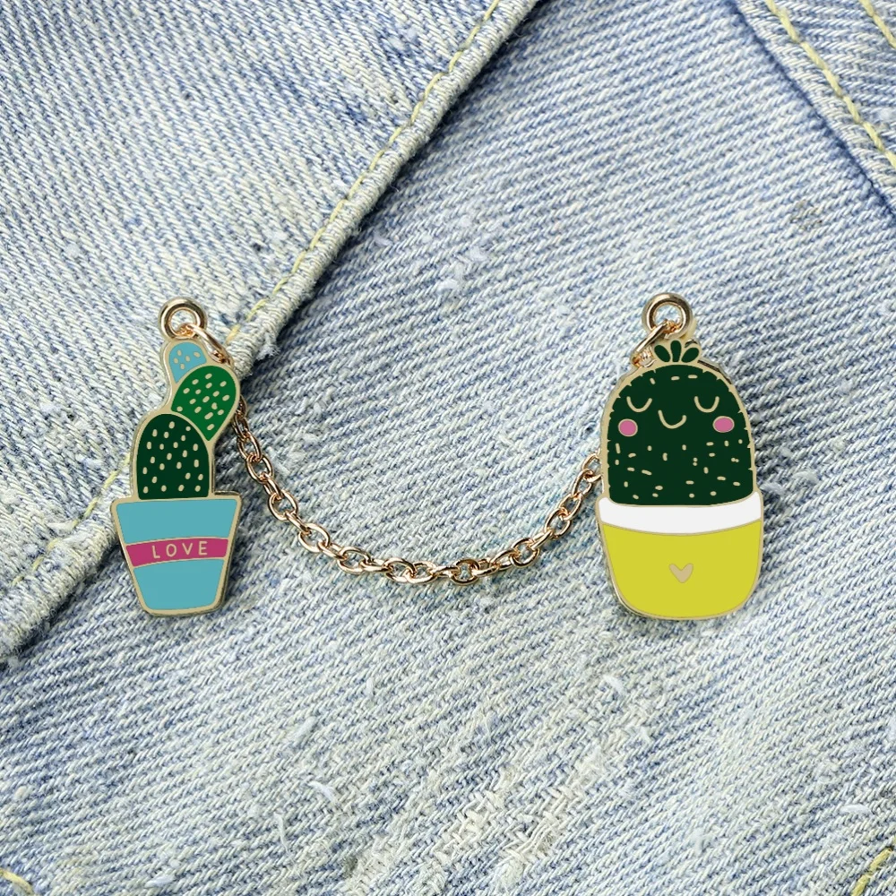 Interesting Cactus Potted Plants Enamel Pin Cartoon Chain Brooch Backpack Lapel Pin Badge Jewelry Wish Gift for Children Friends