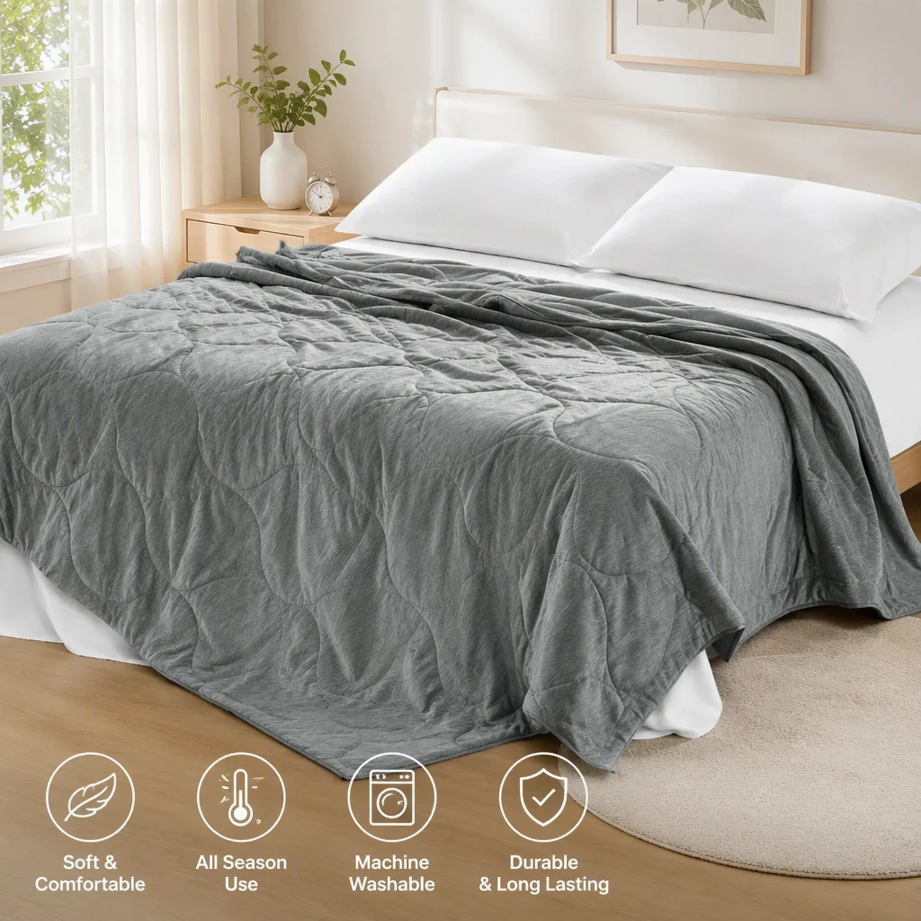 Solid Nylon Cloud-Texture Summer Air-Con Thin Quilt with Pp Cotton Filling, Soft Breathable & Lightweight Blanket Cover