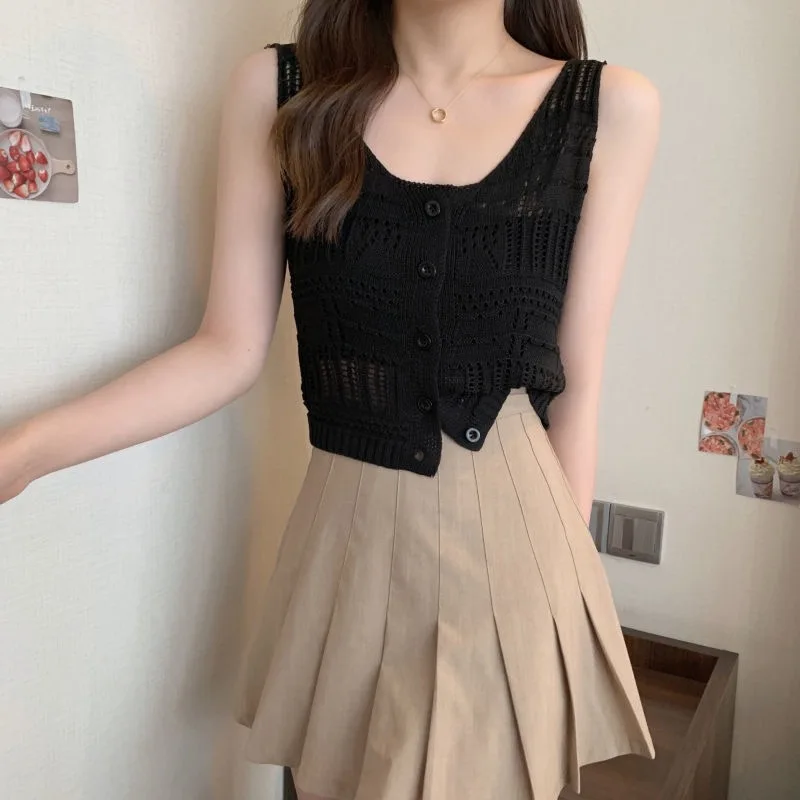 Women Hollow Out O-neck Sleeveless Vintage Knit Tank Tops Summer Outer Wear Single-breasted Cardigan Casual Solid Slim Crop Tops