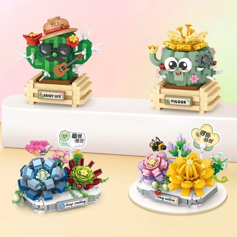 Mini Potted Flower Building Blocks DIY Cartoon Cute Animal Model Assembly Ornaments Adult Children\'s Toy Gift