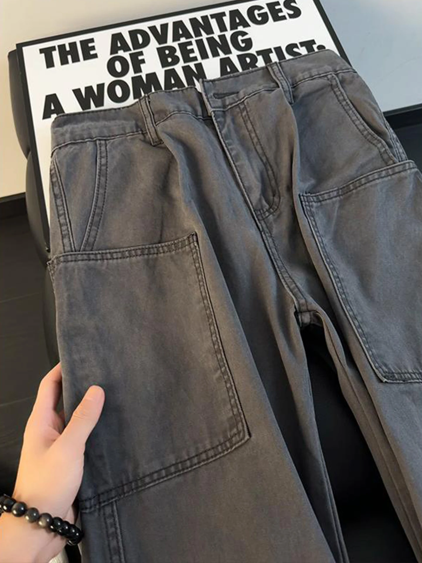 American Retro Washed Grey Straight Leg Workwear Pants Men's Slim Multi-Pocket Logging Cotton Pure Cotton Patchwork Jeans