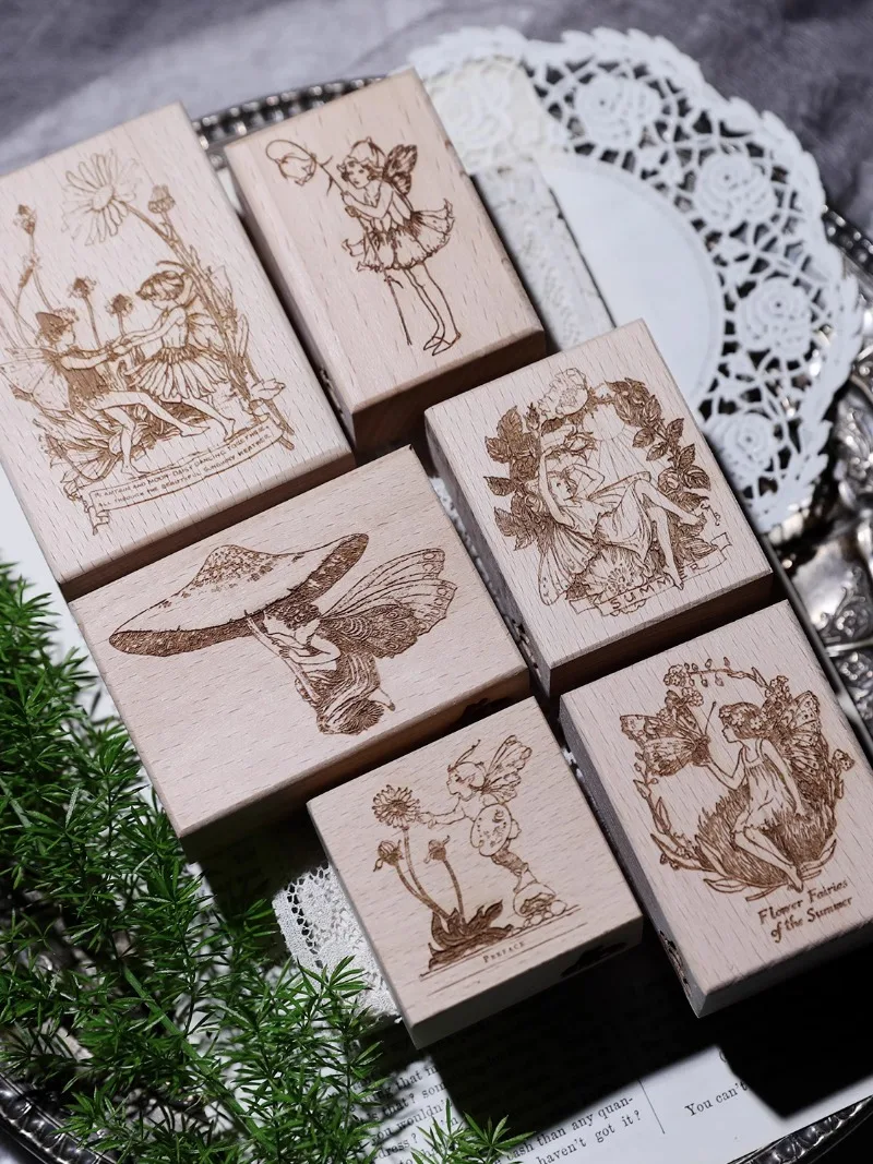 Retro Fairy Flower Girl Mushroom Wooden Rubber Stamp Set DIY Scrapbooking Photo Album Card Making Wood Seal