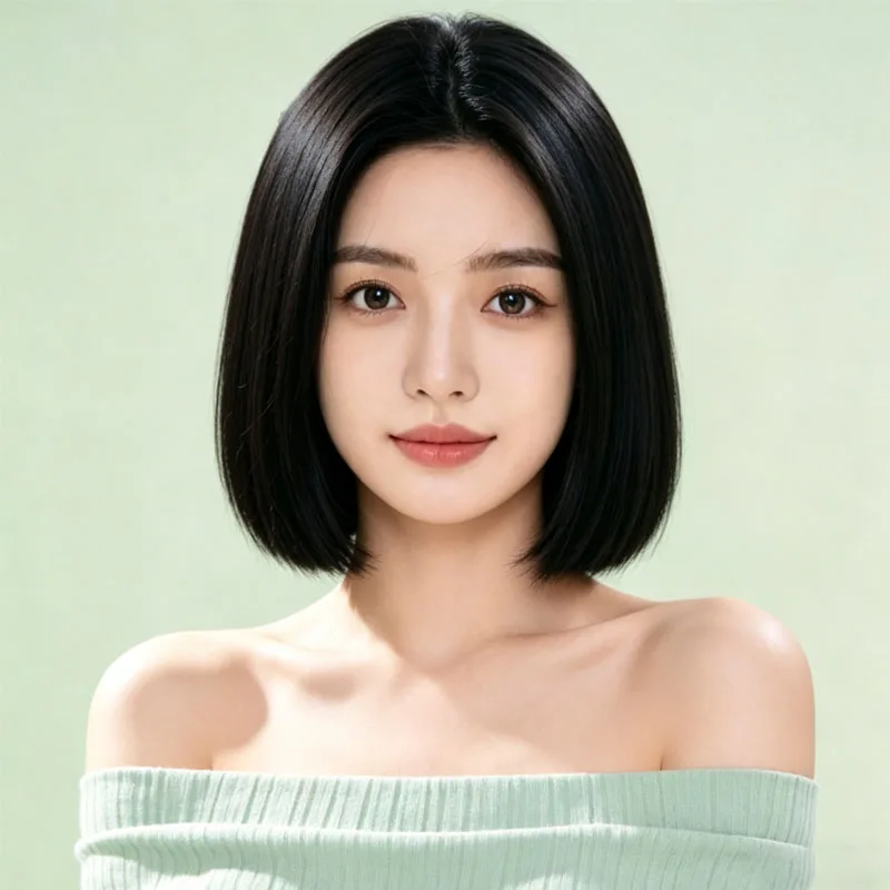 12-inch synthetic natural black wig for women, center-parted, silky, heat-resistant short hair, suitable for everyday wear.