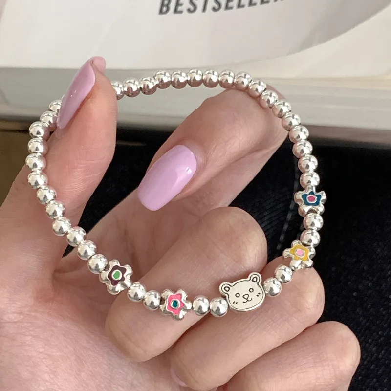 VENTFILLE 925 Sterling Silver Cartoon Bracelet For Women Little Bear Flower Drip Glaze Bead String Jewelry Gifts Dropshipping