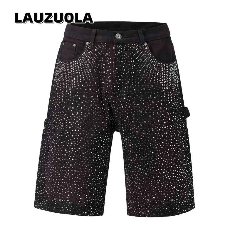 High Quality Luxury Full Rhinestone Cargo Shorts 2026 New Fashion Splashed Ink Tie-Dye Gradient Denim Short Pants Men