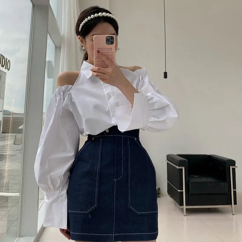 White Shirts Women Off Shoulder Long Sleeve Spring Tops All-match Solid Minimalist Tender Cute Sweet Preppy Korean Style Camisas