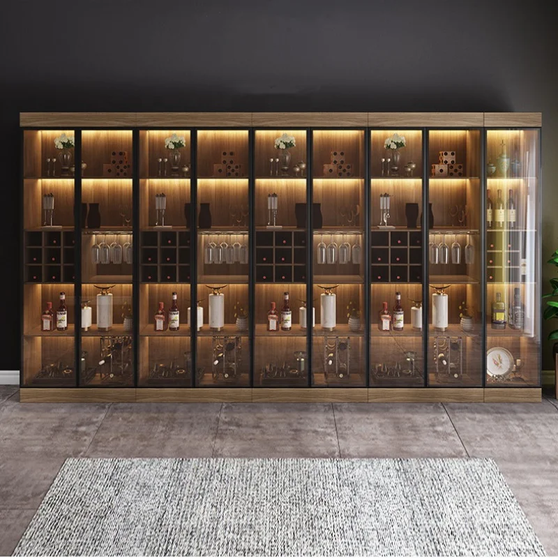 custom，High-end Red Wine Display Shelf Alcohol Showcase with LED Light Wine Shop Furniture Wooden Wine Display Cabinet