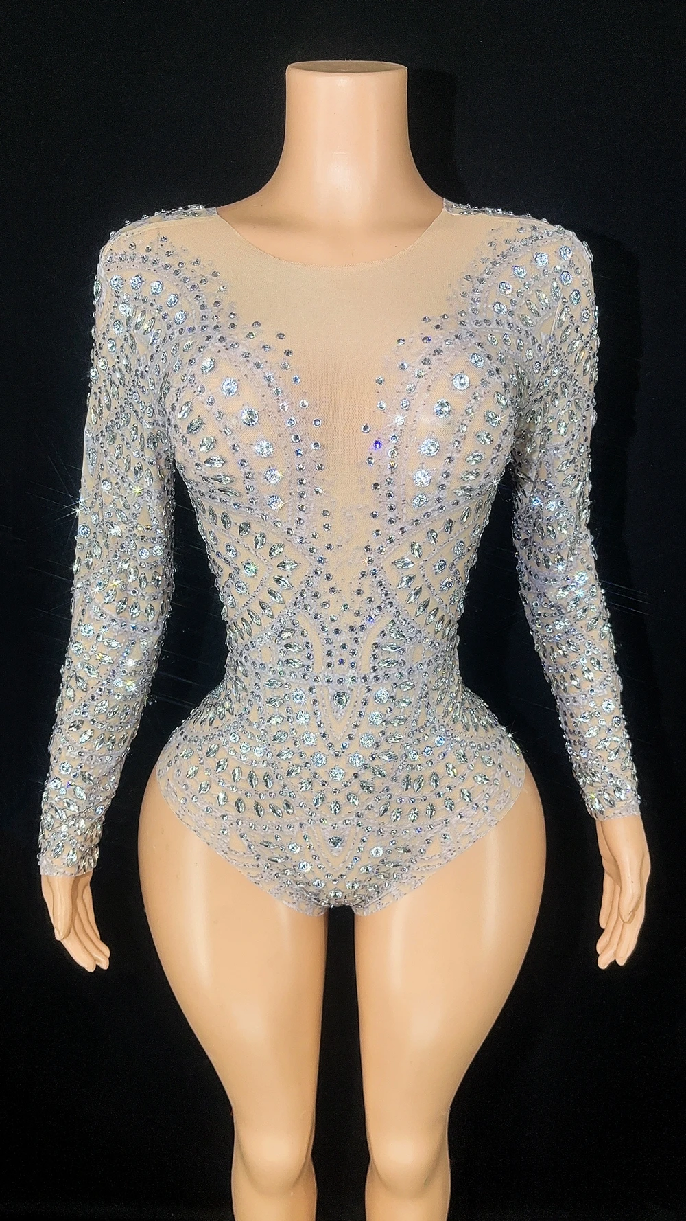 Sexy Mesh Stretch Dance Costume Sparkly Rhinestones Leotard Long Sleeve for Women Performance Stage Wear Photo Shoot Dress