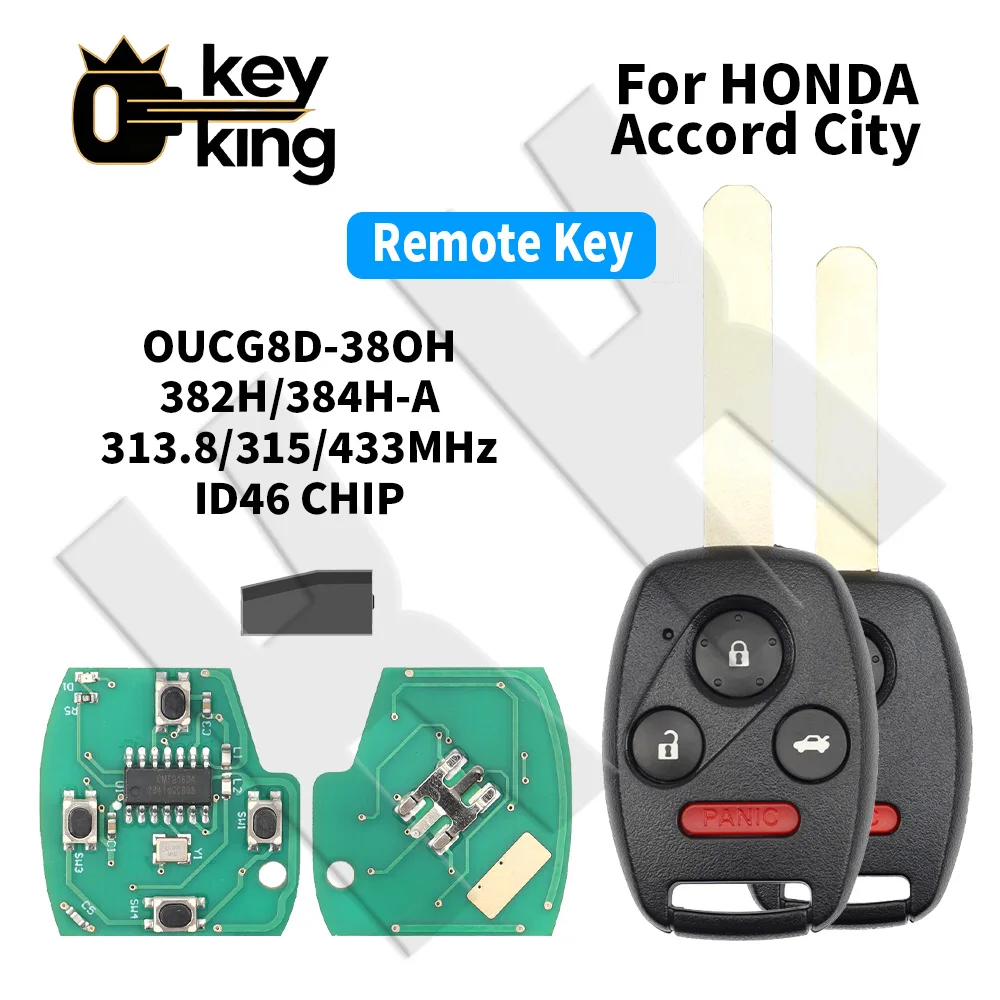 KK 4 Button Car Remote Key Fob 313.8/315/433MHz ID46 Chip OUCg8D-380H 382H/384H-A For Honda Accord City