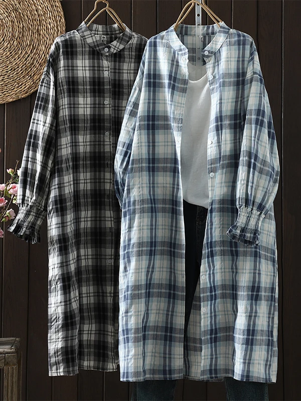 

Japanese Style plus Size Pure Cotton Plaid Shirt Dress Women Summer Thin Loose Long Sleeve Maxi Dress A-Line Skirt Style