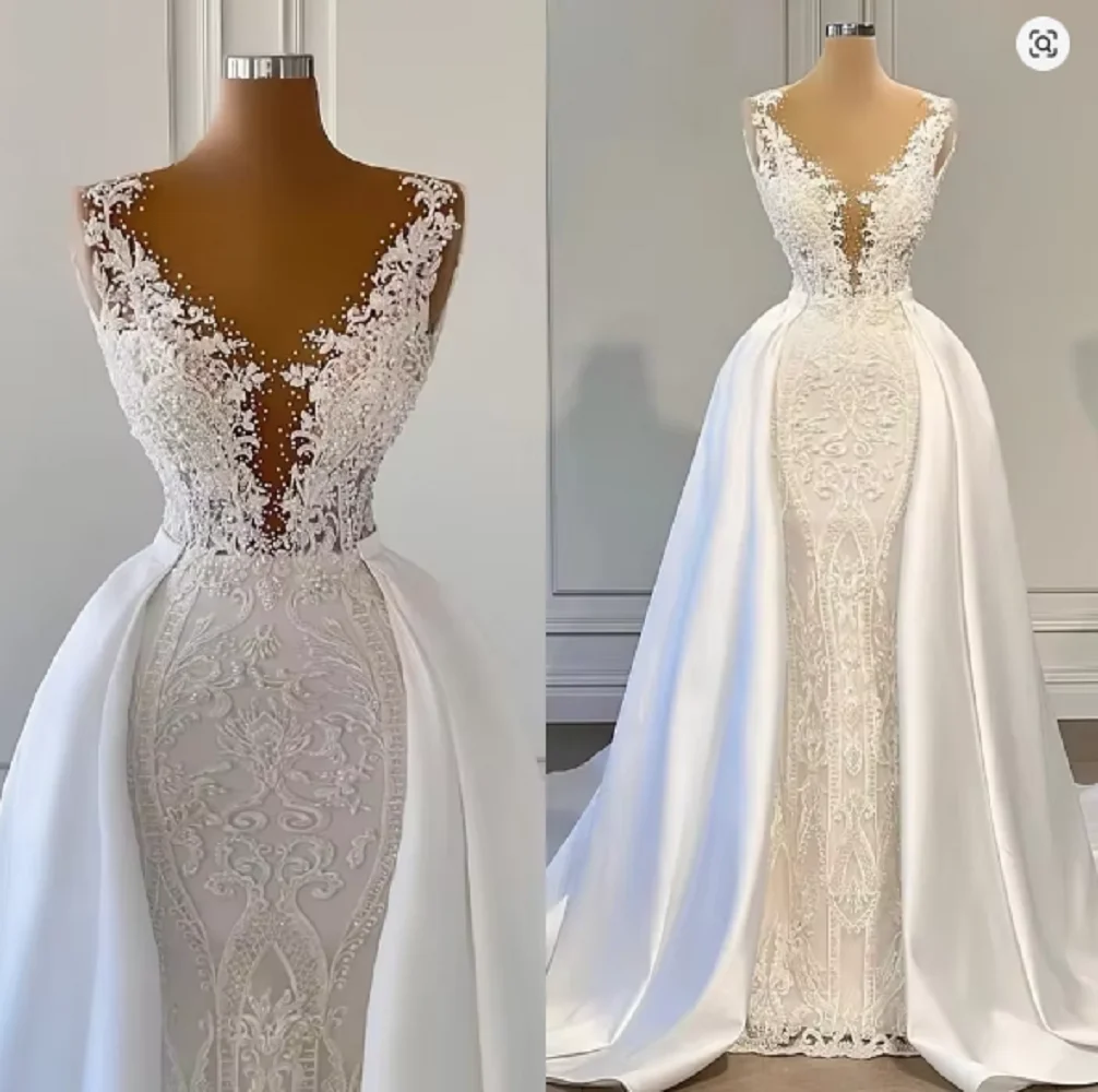 Customized Arabic Dubai Mermaid Lace Wedding Dresses With Detachable Train Beaded Applique Bridal Gowns vestidos de novia