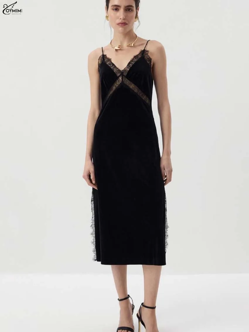 Oymimi Vestido sexy de encaje negro para mujer, vestidos rectos con tirantes finos y patchwork, vestidos de verano ajustados a media pantorrilla, ropa de calle