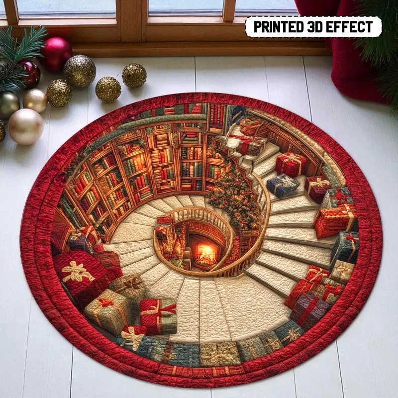 

3D Book Library Christmas Carpet Printed Round Rug with Gifts and Tree Festive Holiday Flooring Mat for Home Christmas Holiday