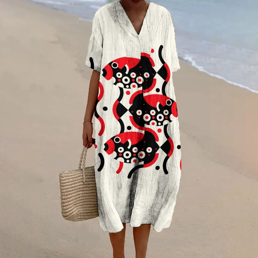 

Bohemian Vintage Holiday Beach Linen Dress Elegant V-Neck Half Sleeves Knee Length Dresses Fashion New Summer Women Dress