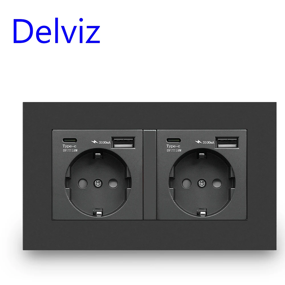 Delviz Type C USB Socket, AC 110V-250V 16A dual Socket, 5V 3100mA With usb Ports,146MM*86MM Panel, EU Standard Wall Power Outlet