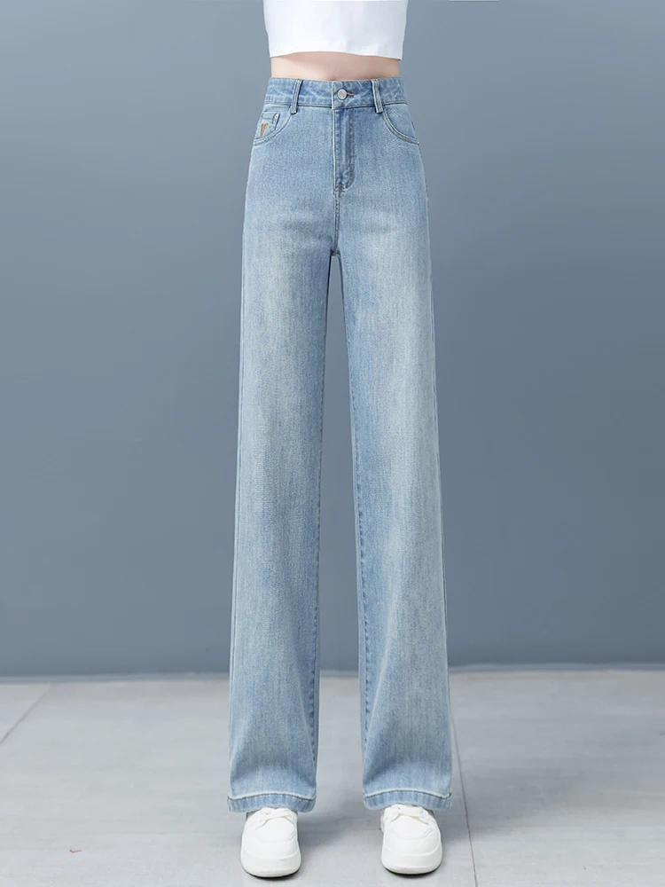 

Женские джинсы с широкими штанинами из светлого денима, весенне-осенние, с высокой талией, стройнящие, в пол, повседневные, прямого кроя