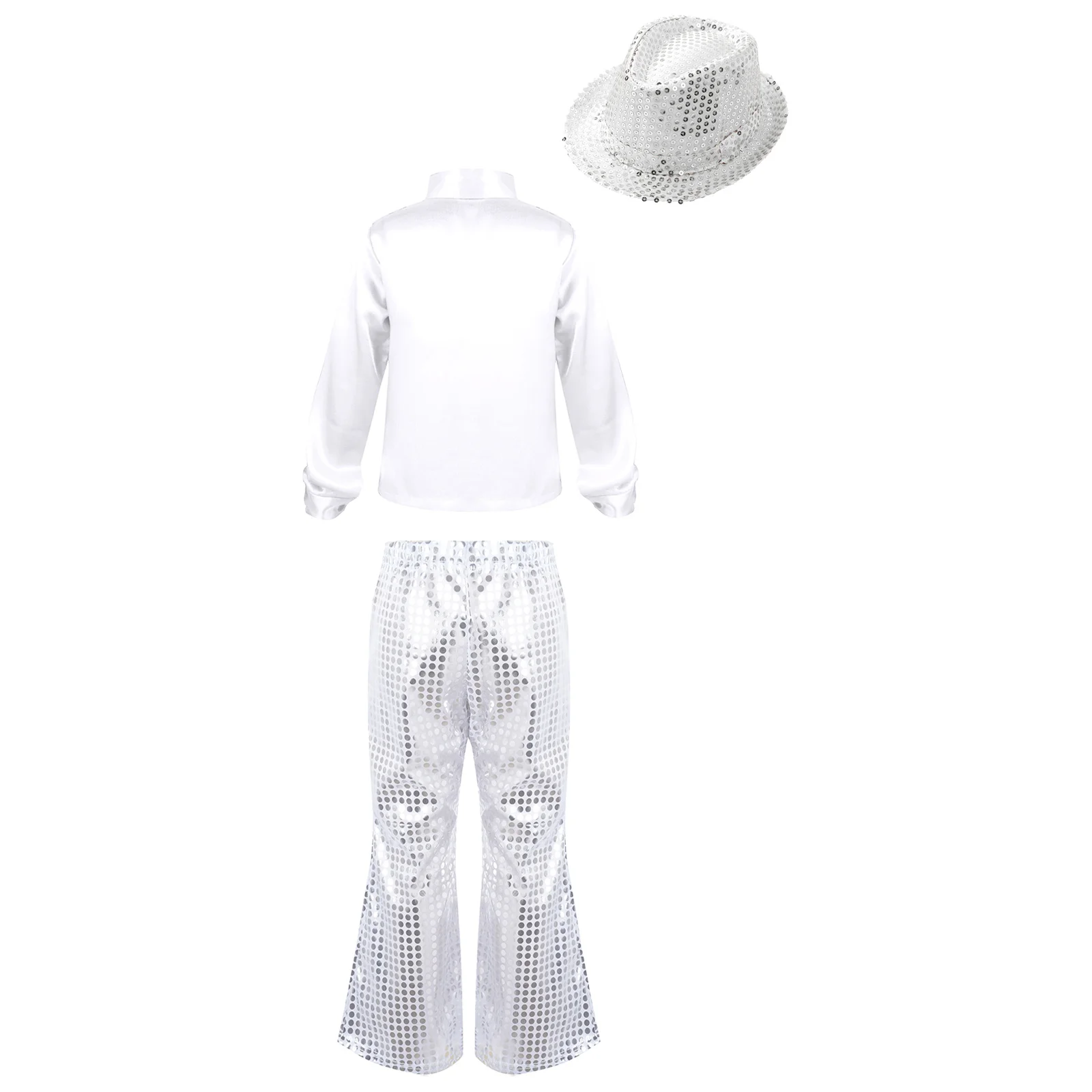 Children Jazz Dance Costumes Shiny Sequin Long Sleeve Shirt with Flared Pants Hat for Hip Hop Modern Disco Party Performance