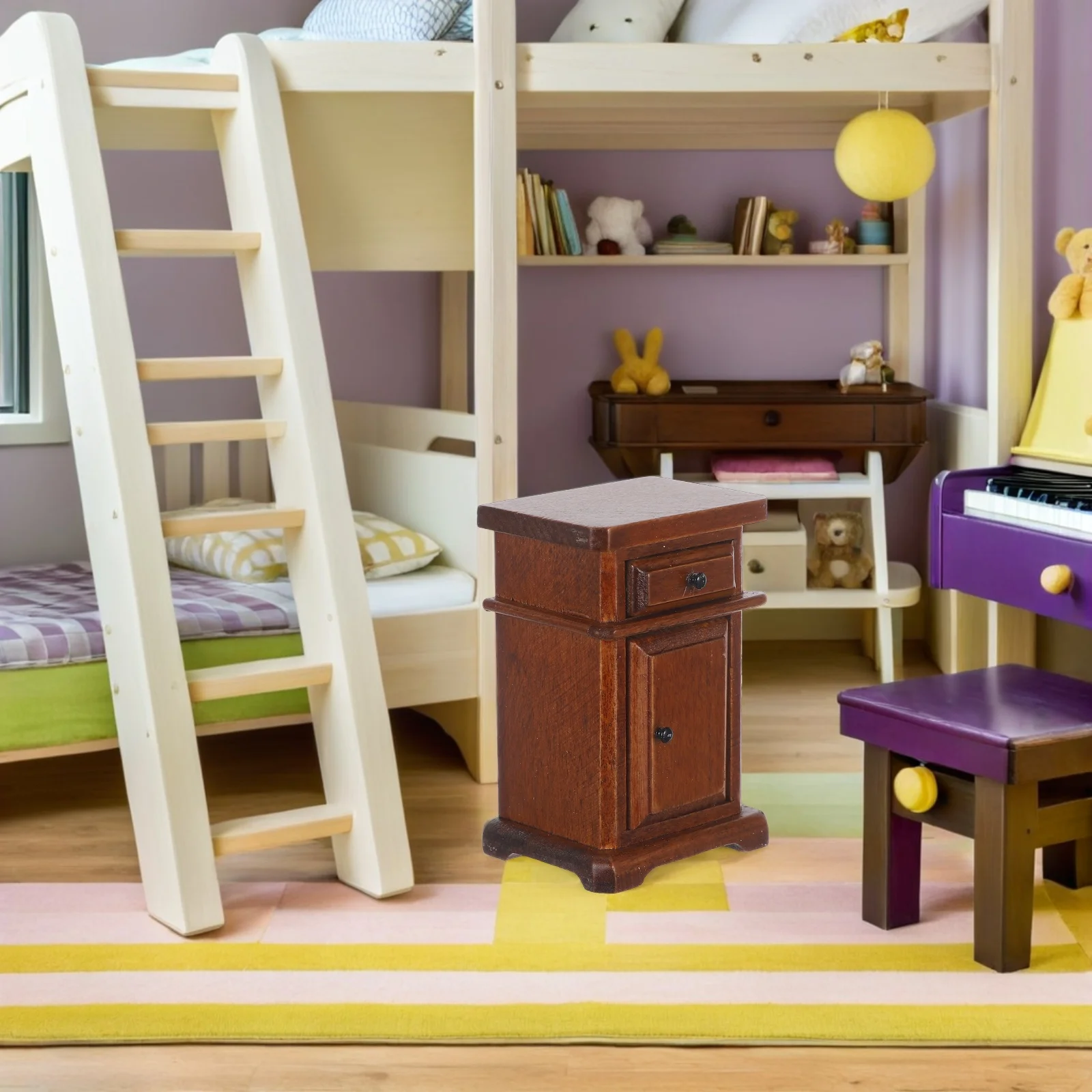 Mini mobili per camera da letto Tavolini pendenti artigianali Comodino per casa delle bambole in legno marrone chiaro