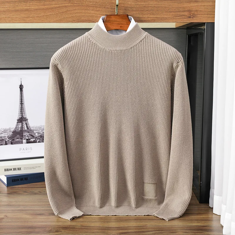 เสื้อสเวตเตอร์ถักคอกลมผู้ชายคุณภาพสูง แบบเรียบง่าย สวมใส่สบาย สำหรับฤดูหนาว แขนยาว ผ้าฝ้าย 100%