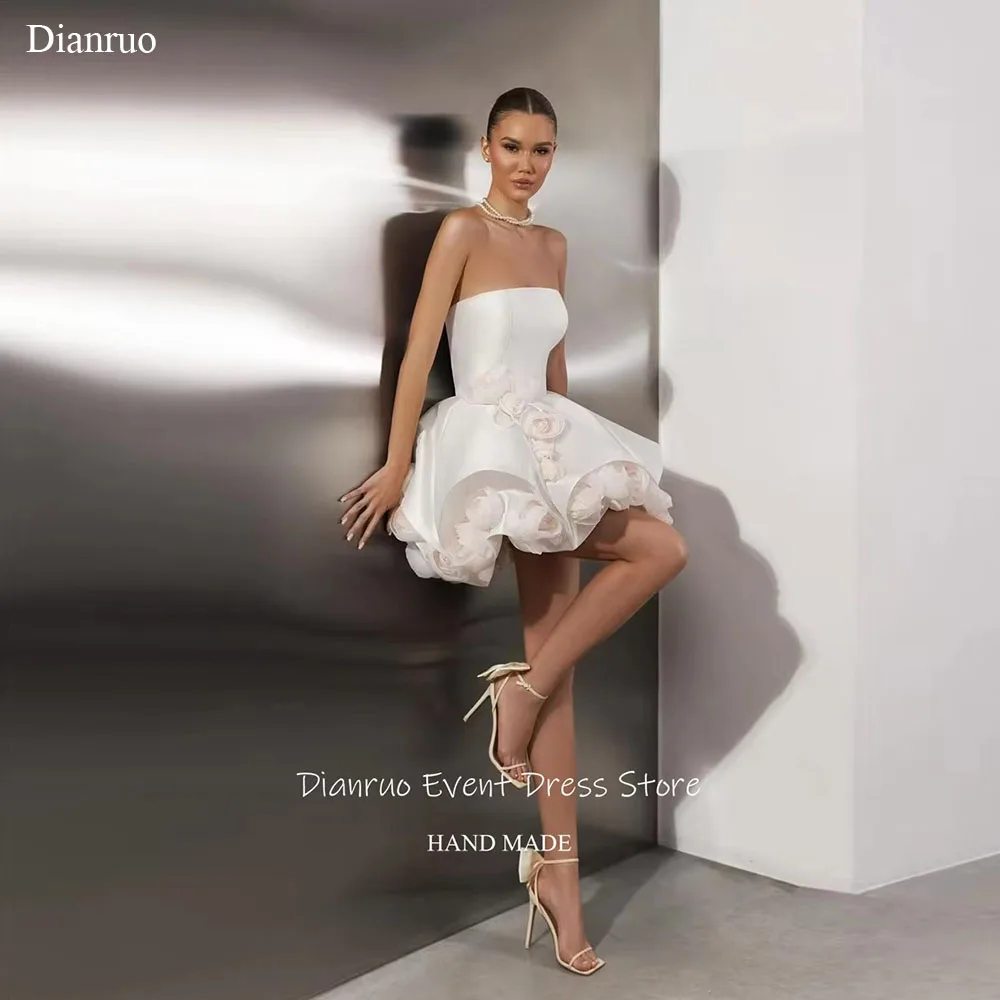 

Dianruo A Line 3D Flowers Wedding Dresses Strapless Graceful Vestido Novia Civil Mini Length Chic Satin Prom Dress Customized