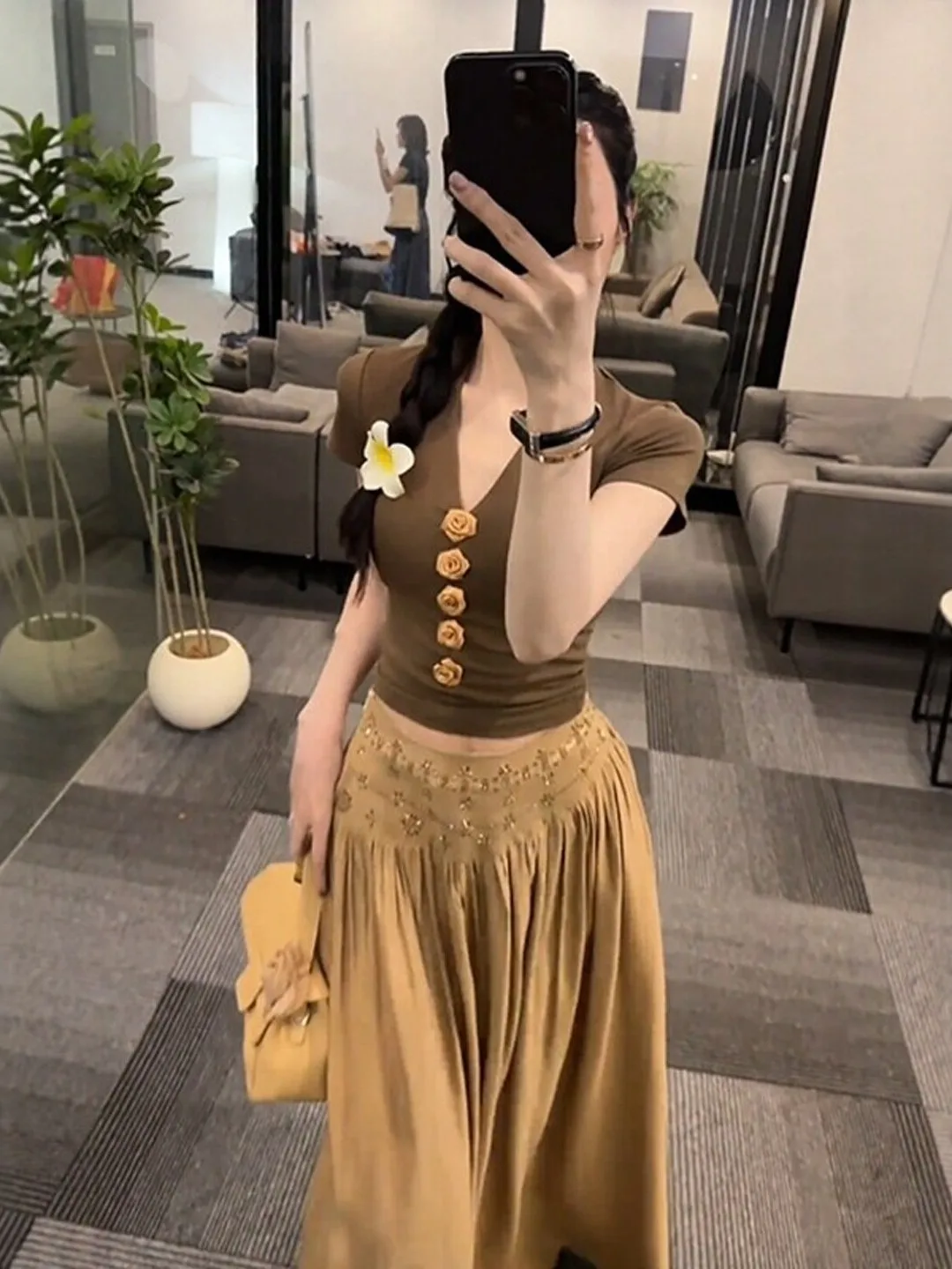 

Korean Style High Waist V-Neck Top And Half Skirt Two-Piece Set Unique And Stylish Summer Fashion for Women Comfortable Short...