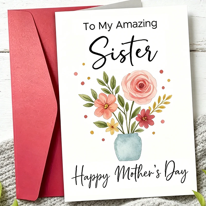 Tarjeta del Día de la Madre para mi hermana increíble, diseño floral en acuarela con flores rosas