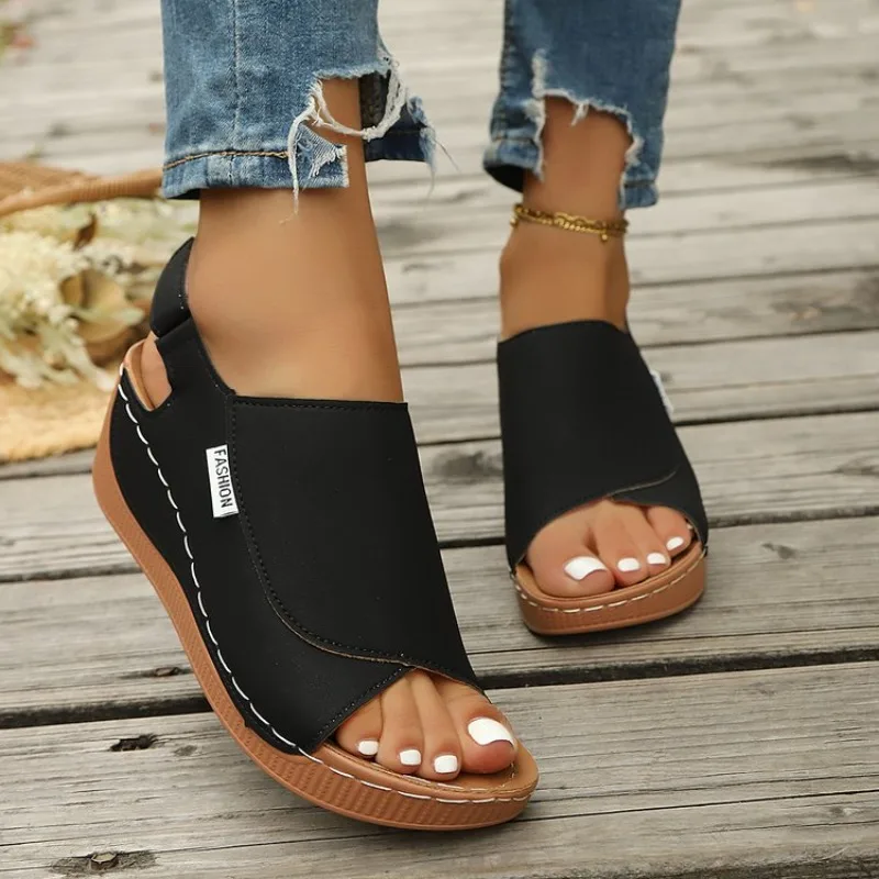 

Women Sandals Comfortable Wedge Open Toe PU Leather Slip on Platform Casual Summer Outdoor Walking Ladies Shoes Fashion Slides