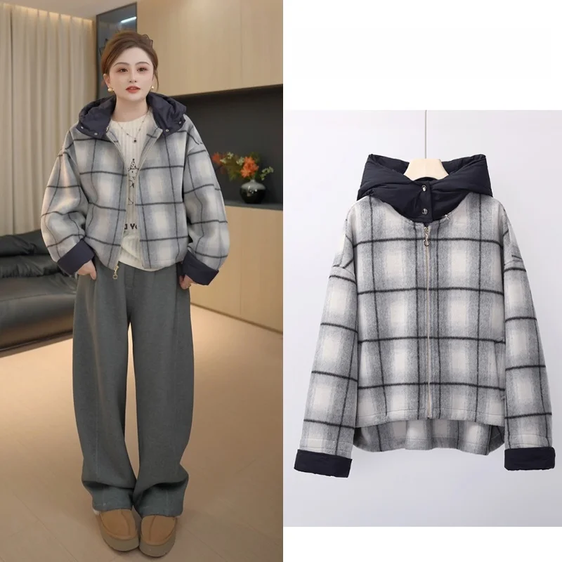 

Padded Hooded Jaet Women's Winter High Quali Plaid Color Blo White Goose down Coat Casual Sle Thiened ort Length