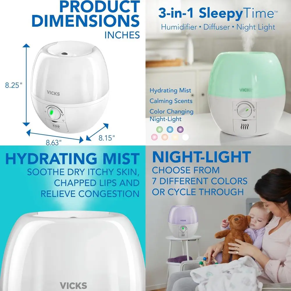 

Увлажнитель воздуха 3-в-1 с функцией прохладного тумана, красочным ночником и аромадиффузором для детских комнат