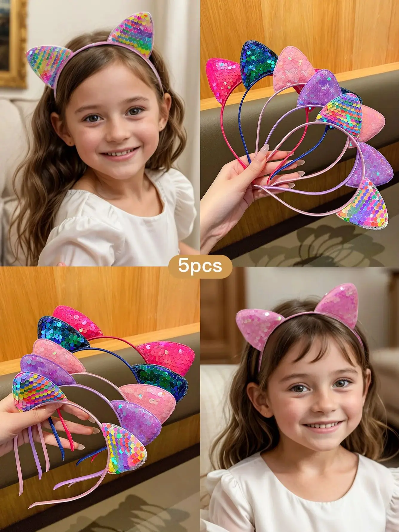 Bandeau oreilles de chat à paillettes de 5 couleurs mignonnes (pain en forme d'oreille de chat cuit à la vapeur), pince à cheveux douce pour un usage quotidien