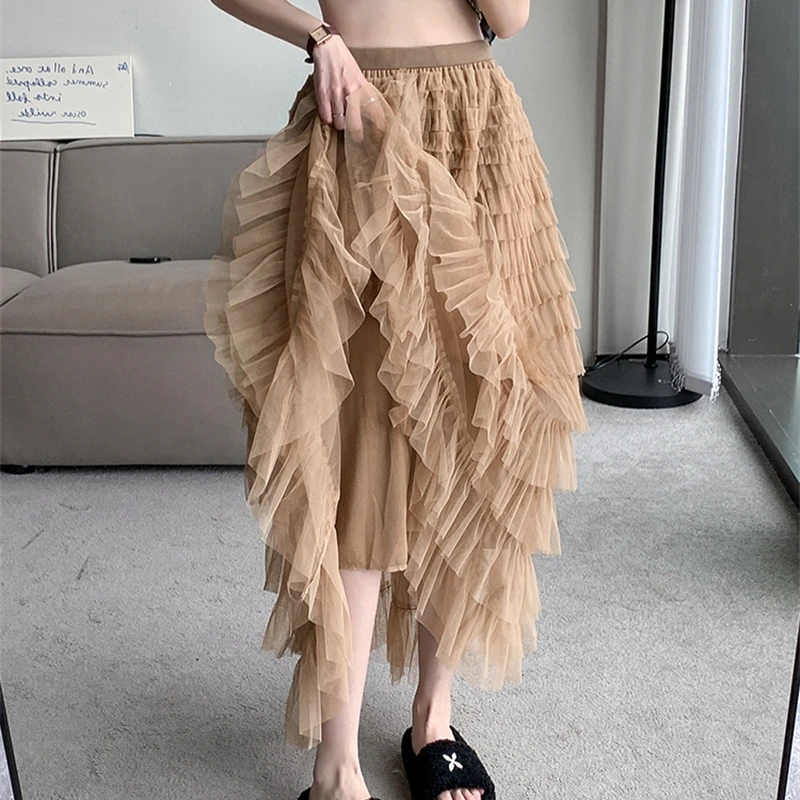 Mesh Chiffon Skirt Spring Autumn Dress 2024 Women's Fashion Prom Maxi Mid-Length Cake Skirt Chic Evening Midi Fairy Yarn Skirt