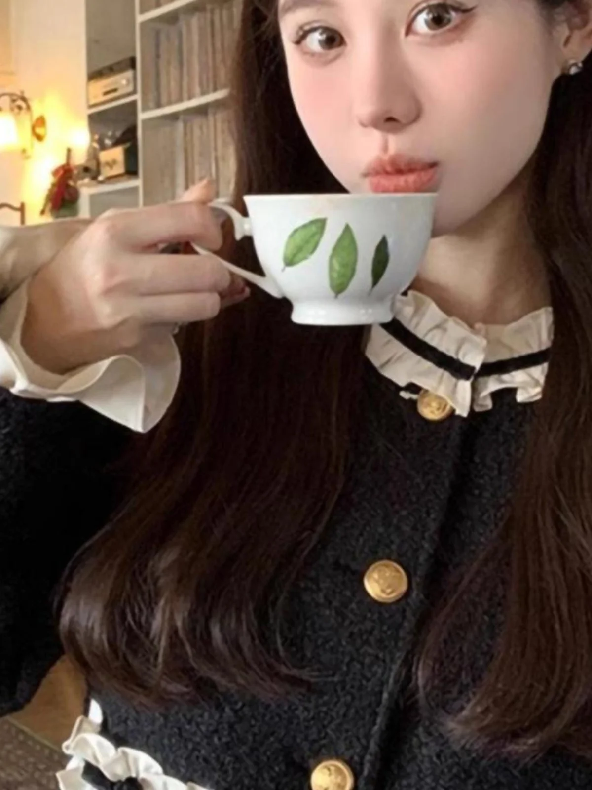 

Tweed Jacket Embellished Button Women Womens Winter Suede Bow Buttons Cinched Soft Victorian Feeling Patchwork Kawaii Girlish OL