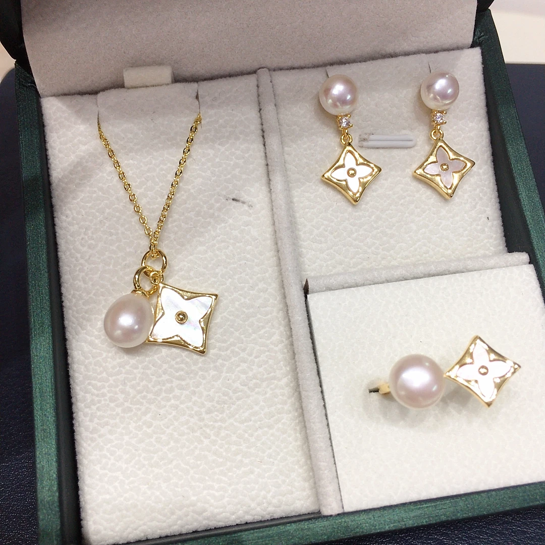 Freshwater Pearl Jewelry Set with Cowrie Shell Four-Leaf Clover - Diamond Accented Earrings Rings Pendants Classic Birthday Gift
