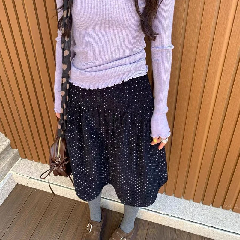 コーデュロイ水玉ミディスカート レディース ヴィンテージ ハイウエスト ボタン 秋冬スカート 原宿 Aライン オールマッチ カジュアル レトロスカート