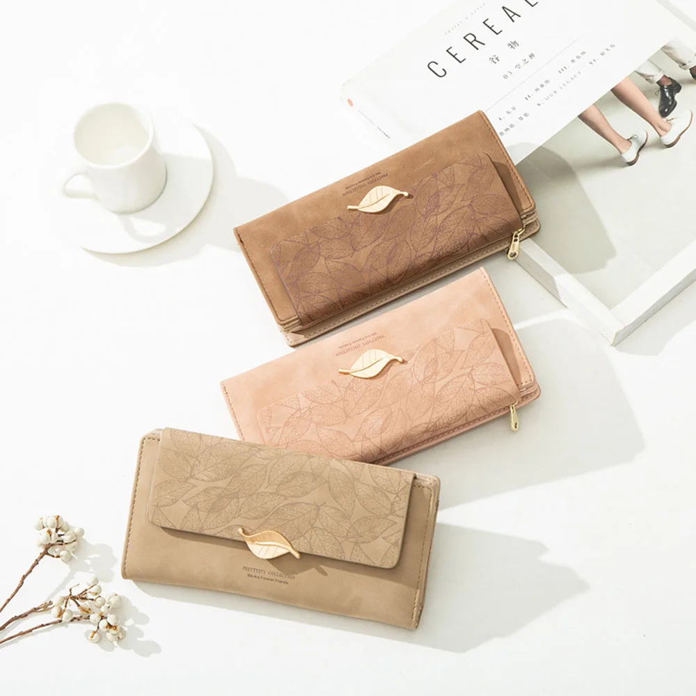 Leaf Pattern Solid Color Women Leather Bag Long Zipper Coin Purse Printed Card Holder Large Capacity Women Clutch Bags