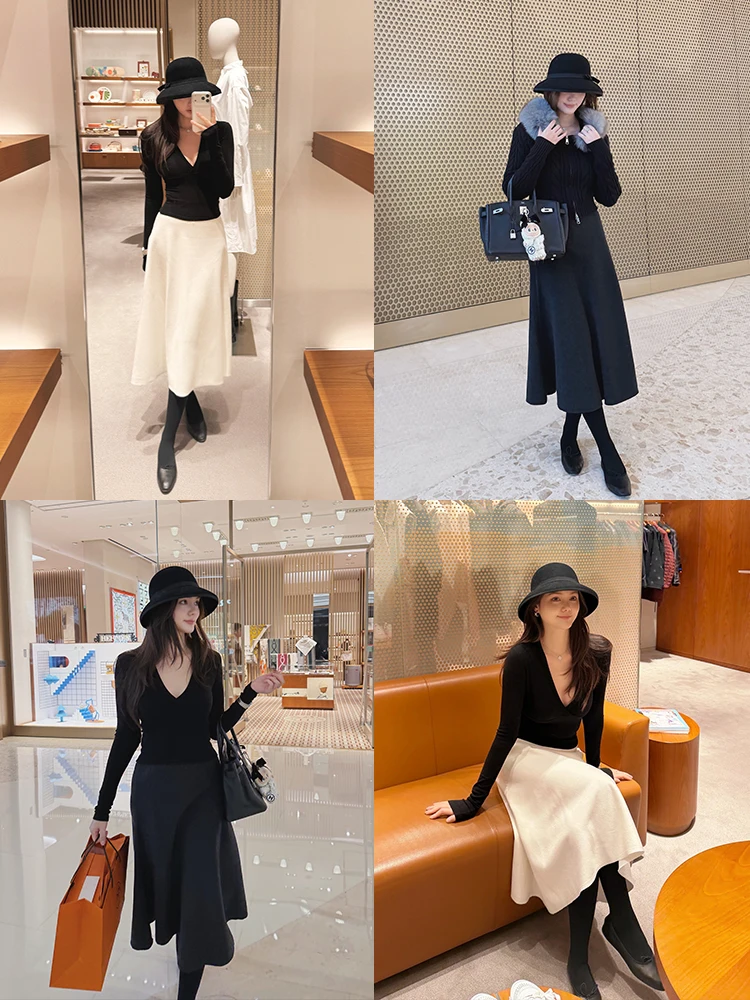 

Fly SD Women's Woolen A-Line Midi Skirt Spring Autumn Winter Versatile High Waist Polyester Blend Casual Sle