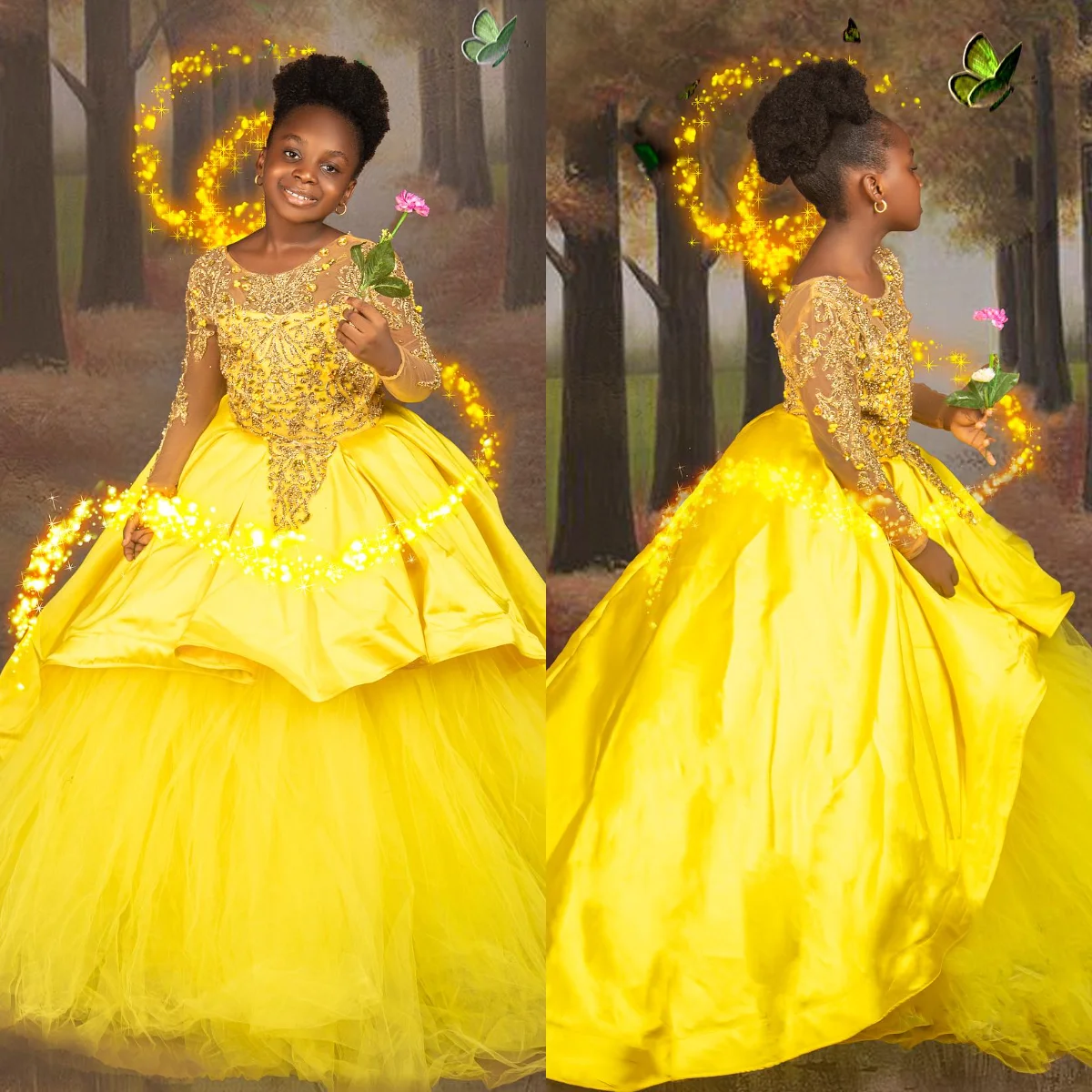 Yellow Long Sleeve Kids Birthday Party Dresses Beaded Flower Girl Dresses for Wedding Baby Girls Prom Gowns for Photoshoot