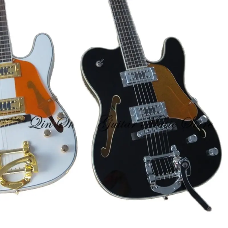 6 strings electric guitar Tel guitar,black semi hollow guitar,gold tremolo bridge ,HH pickups ,white binding