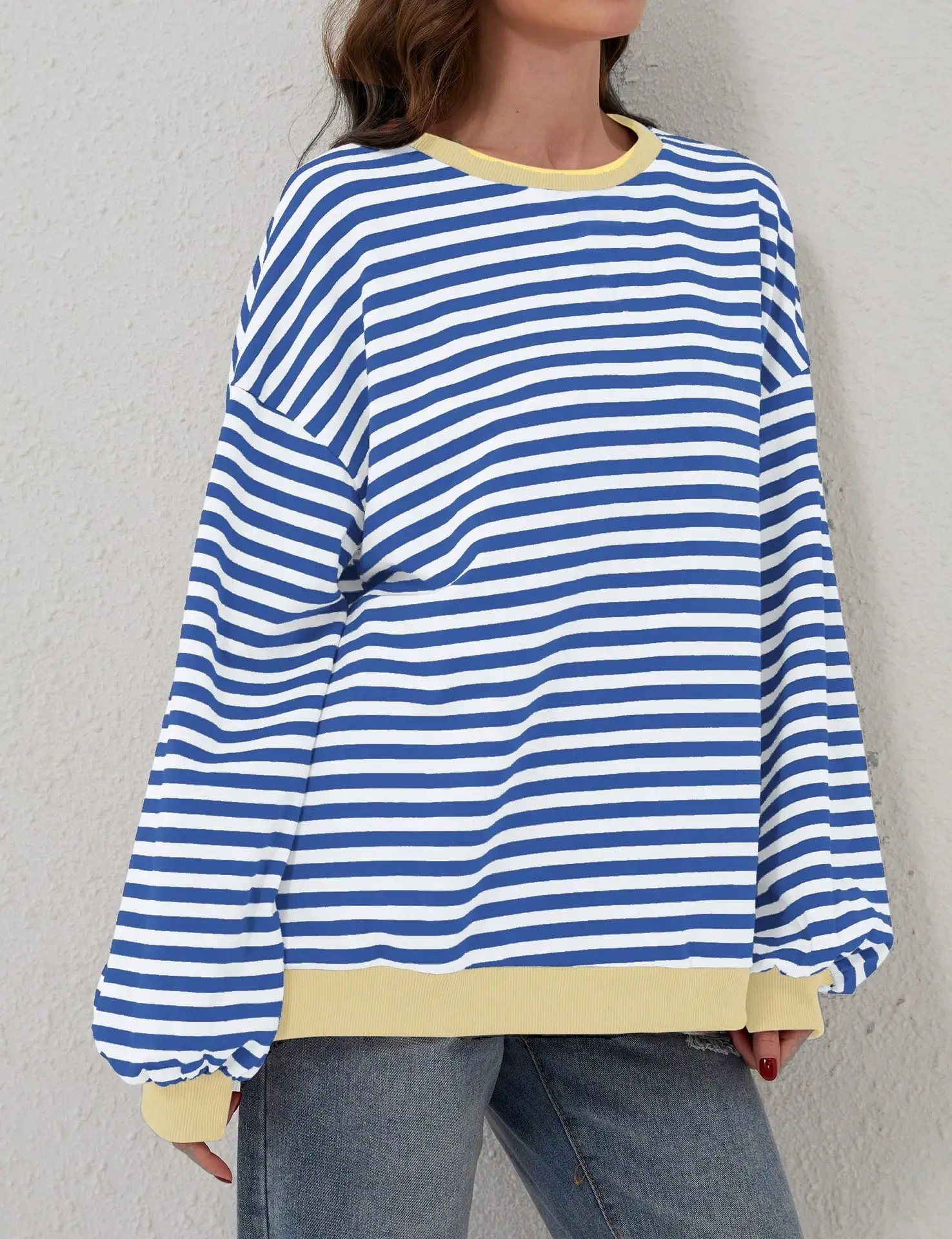 Grote maten gestreepte print Contrasterende binding DropShoulder Sweatshirt Casual trui met ronde hals en lange mouwen